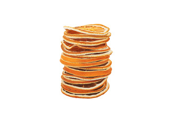 Dried orange slices stacked isolated on white background.