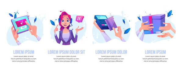 Online order, 24 hour call service operator customers support, pos-terminal card paying, purchase delivery banners or icons set. Shopping and consumerism posters design. Cartoon vector illustration