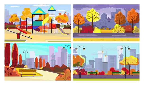 City view in autumn flat vector illustration set. Playground, parks, road in rain. Season and city life concept
