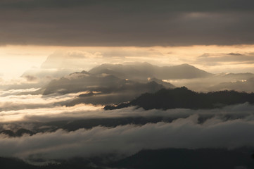 beautiful sunrise and fog view point at Huai Nam Dang National Park chiangmai province , thailand