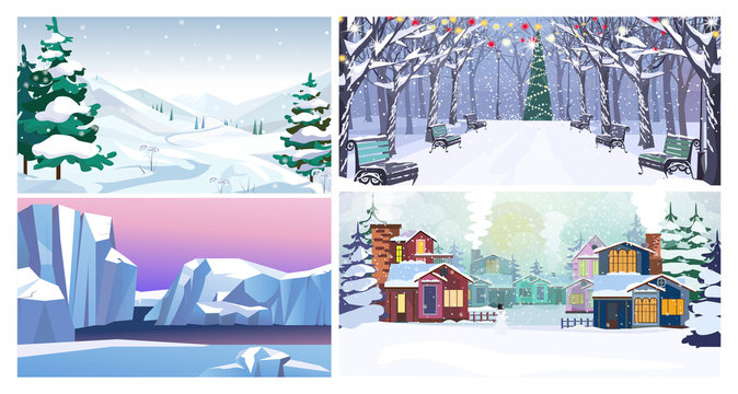 Nature in winter flat vector illustration set. Winter in mountains, park, glaciers, country. Tourism and nature concept
