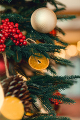 Christmas decor in kitchen. Christmas tableware. Christmas cooking utensils. Bright interior of New Year's cuisine. New Year card template. White Mint Colors Kitchen. Christmas tree in the kitchen.