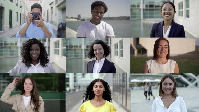 Cheerful confident people posing. Multiscreen montage, split screen collage. Ethnicity variation concept