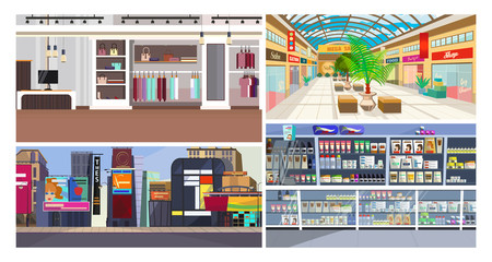 Shopping centers flat vector illustration set. Shop, store, supermarket, boutique. Shopping concept