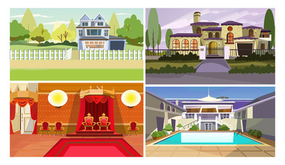 Sightseeing flat vector illustration set. Palace, hotel, houses. Tourism and nature concept