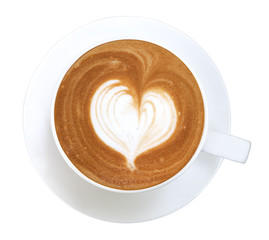 Hot coffee cappuccino latte art heart shape in ceramic cup top view isolated on white background, clipping path