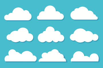 White clouds flat design set on blue sky background. Vector illustration