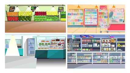 Supermarkets flat vector illustration set. Food, culinary, household chemicals. Shopping concept