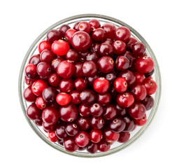 Ripe cranberries in a plate on a white. The view of the top.