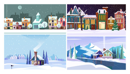 Winter city and country flat vector illustration set. Winter city landscape with snow, cozy houses, moon, park, Christmas trees. Tourism and nature concept