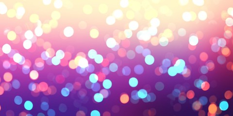 Purple confetti bokeh empty background. New Year blurred banner. Party festive abstract texture. Yellow pink lilac glitter defocused illustration. 