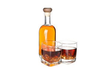 Bottle and glasses with whiskey isolated on white background