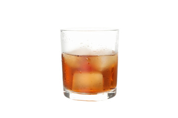 Glass of whiskey with ice cubes isolated on white background