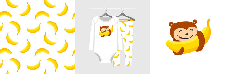 Seamless pattern and illustration for kid with monkey abd banana