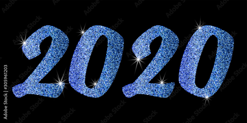Poster 2020, great design for any purposes. new year backdrop. vector christmas illustration. blue glitter 