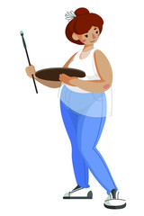 Girl artist with a palette and a brush in her hands. Body positive girl. Isolated on white.