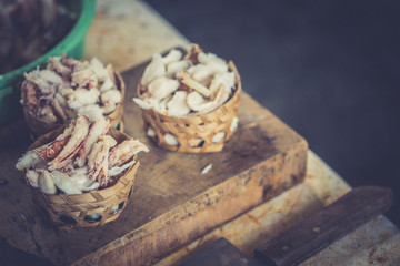Steamed crab meat prepared for ready to eat served in bamboo basket.