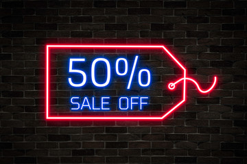 Obraz premium Banner advertising concept, Fifty percent (50%) sale neon light flash sale on dark vintage wall background, bright signboard, season sale,discount price tag,neon sign, light banner.