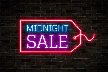 Banner advertising concept, Midnight sale neon light flash sale on dark vintage wall background,bright signboard, season sale,discount price tag,neon sign,  light banner.