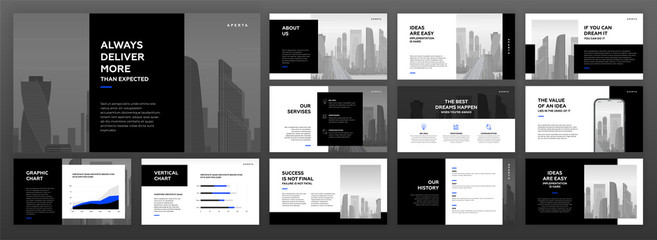 Modern powerpoint presentation templates set for business and construction with cityscape vector illustration . Use for brochure design, website slider, landing page, annual report, company profile. - obrazy, fototapety, plakaty