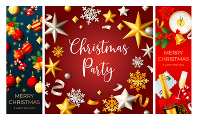 Christmas Party flyer set with midnight clock, champagne, hanging baubles, snowflakes, confetti, streamer. Vector illustration for festive poster, greeting card, announcement banner design