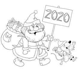New Year 2020. Christmas. Year of the Rat. Coloring page. Christmas card. Poster. Cute and funny cartoon characters