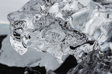Ice detail, macro close-up, frozen floe on black sand beach
