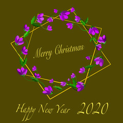 Merry Christmas and happy new year 2020 in Flower Frame Vector Illustration Cute Art Design Graphics 