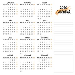 2020 annual calendar with a side for reminders and notes