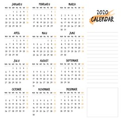 2020 annual calendar with a side for reminders and notes