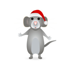 Gray mouse symbol of the new year 2020 in a Santa Claus hat on a white