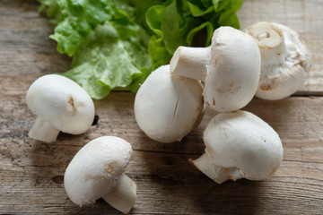 Raw mushrooms with rustic background