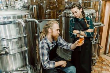 Brewery workers looking at freshly made beer in glass tube and discussing it. Male and female brewer testing beer at brewery factory. 4k. Small business concept.
