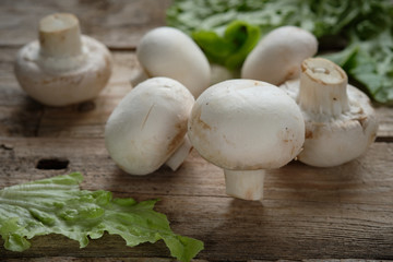 Raw mushrooms with rustic background