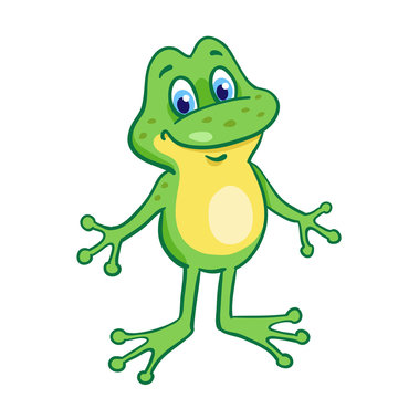 Little funny happy frog.  In cartoon style. Isolated on white background. Vector illustration.