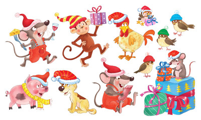 New Year 2020. Christmas. Year of the Rat. Coloring page. Christmas card. Poster. Cute and funny cartoon characters