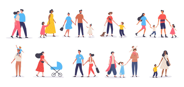 Bundle of walking families. Collection of mothers, fathers and children spending time together. Set of strolling parents and kids isolated on white background. Flat vector illustration