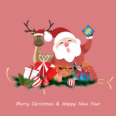 Christmas and Happy New Year background, Santa Claus and reindeer with gift in winter. Vector illustration.