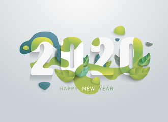 Happy 2020 new year with natural green leaves banner. Greetings and invitations, New year Christmas friendly themed congratulations, cards and natural background. Vector illustration.
