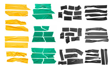 Set of yellow, green, black tapes on white background. Torn horizontal and different size sticky tape, adhesive pieces.