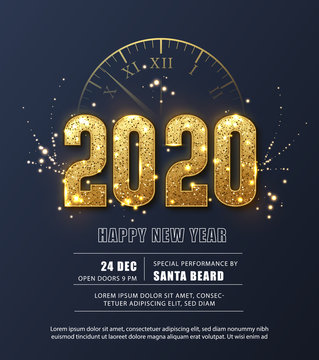 Happy New Year 2020 - New Year Shining background with gold clock and glitter. Festive poster or banner design.