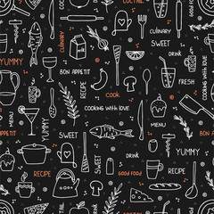 Hand drawn doodle food and kitchen utensils seamless pattern on black background. Vector illustration.