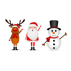 Cartoon funny santa claus, reindeer and snowman waving hands isolated on white