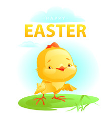 A chicken joyfully walks on a green lawn against a blue sky. Stock vector illustration in cartoon style. Easter card. EPS10