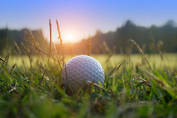 Blurred golf ball on tee in the evening golf course with sunshine.