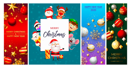 Christmas postcard set with cute characters, baubles, balls, snowflakes, streamer, confetti. Vector illustration for festive posters, greeting cards, vertical banner design