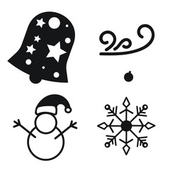 Icon Set bundle black and white with naif simple and plane design of five graphic elements. A decorated christmas bell, cold wind, snow man, christmas ball and snow flake for winter holidays