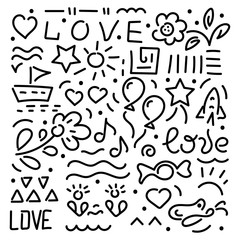 Doodle hand drawing vector illustration. Words of love, hearts, flowers, stars, balloons, design elements on a white background