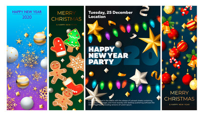 Happy New Year party festive banner. Lettering text with decorations can be used for invitation and greeting card. Holiday concept