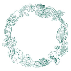 Round frame with different cabbage. Hand drawn outline vector sketch illustration on white background
